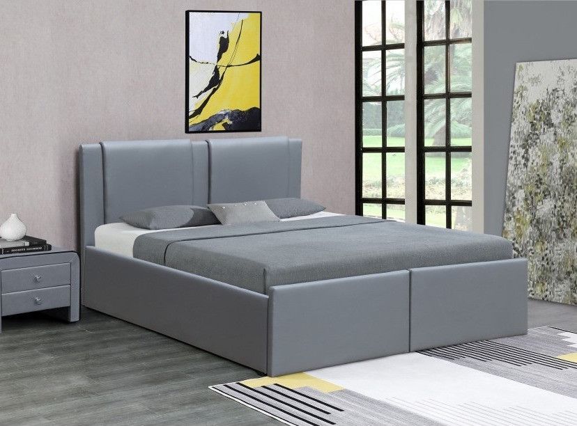 Lit coffre avec tiroirs simili cuir gris Jorn 180x200 cm - Photo n°5