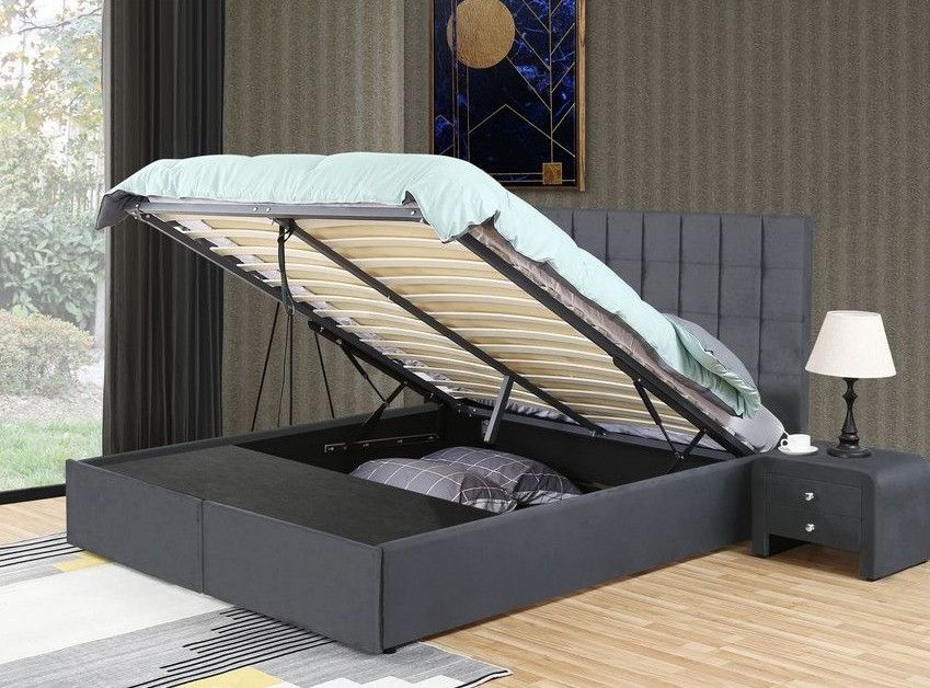 Lit coffre velours gris 2 tiroirs Krazo 140x190 cm - Photo n°3