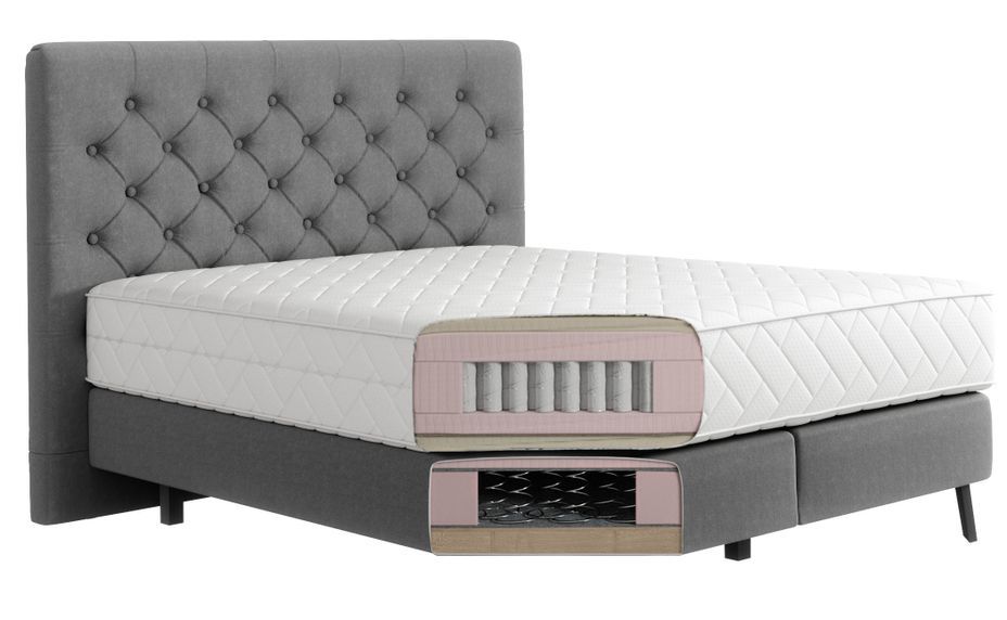 Lit continental capitonné tissu gris clair Pozza avec matelas 30 cm en latex et pied métal noir - Photo n°5