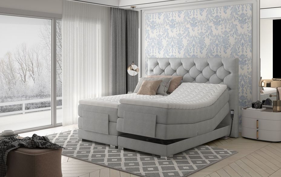 Lit continental électrique tissu gris clair avec matelas et surmatelas Karmen - Photo n°3