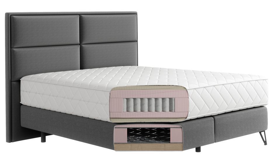 Lit continental tissu jaune moutarde Tiempo avec matelas 30 cm en latex et pied métal noir - Photo n°5