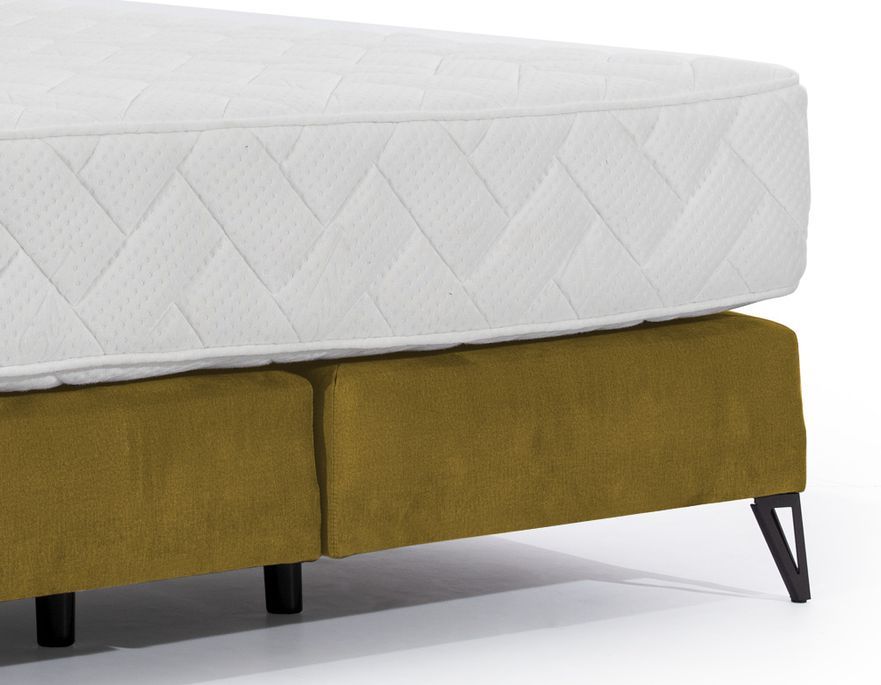 Lit continental tissu jaune moutarde Tiempo avec matelas 30 cm en latex et pied métal noir - Photo n°4