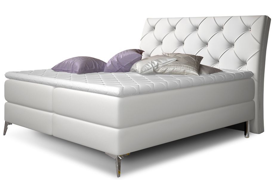 Lit design continental avec tête de lit capitonnée strass simili cuir blanc Banky - Photo n°1