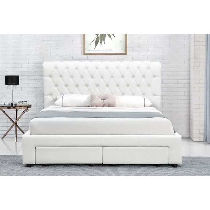 Lit double 4 tiroirs avec tête de lit capitonnée simili cuir blanc Mysk 140x190 cm - Photo n°2