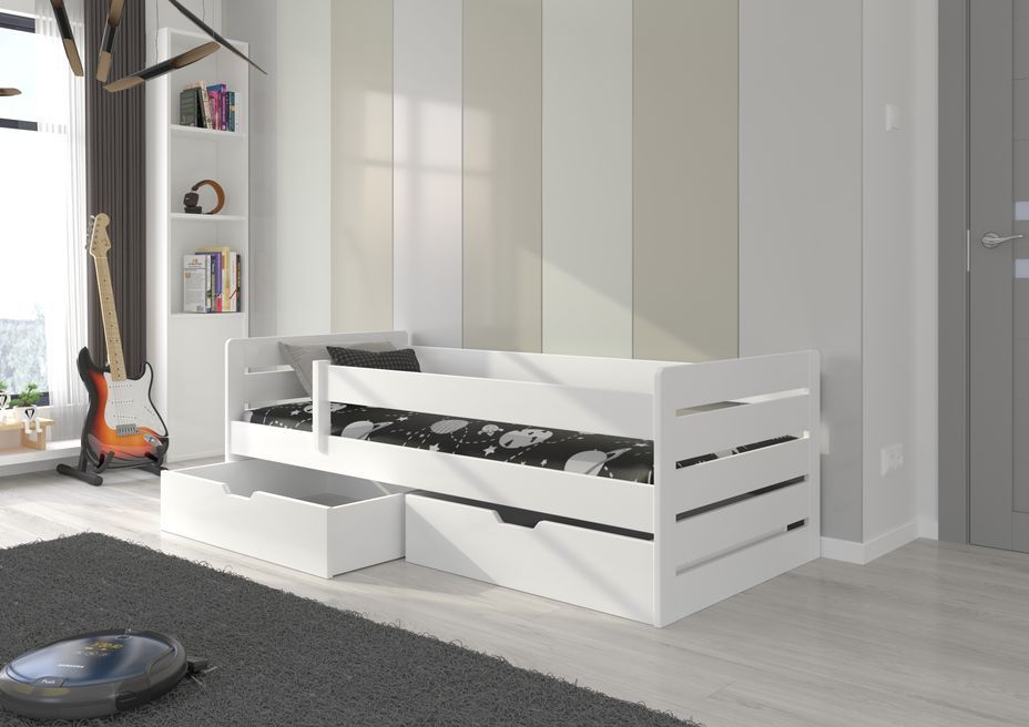 Lit enfant bois pin blanc 90x200 cm avec 2 tiroirs de rangement Kiko - Photo n°2