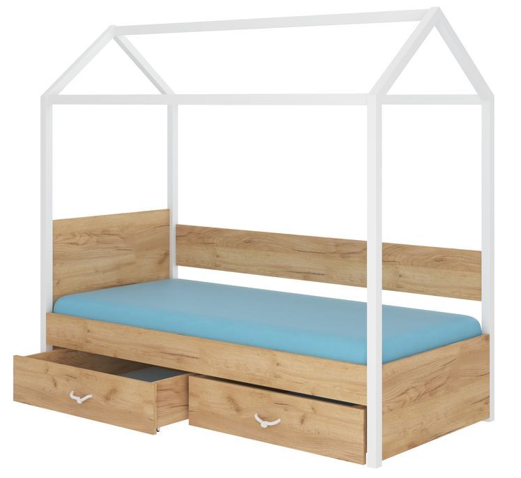 Lit enfant cabane bois pin blanc et bois oak 90x200 cm avec 2 tiroirs de rangement Forka - Photo n°1