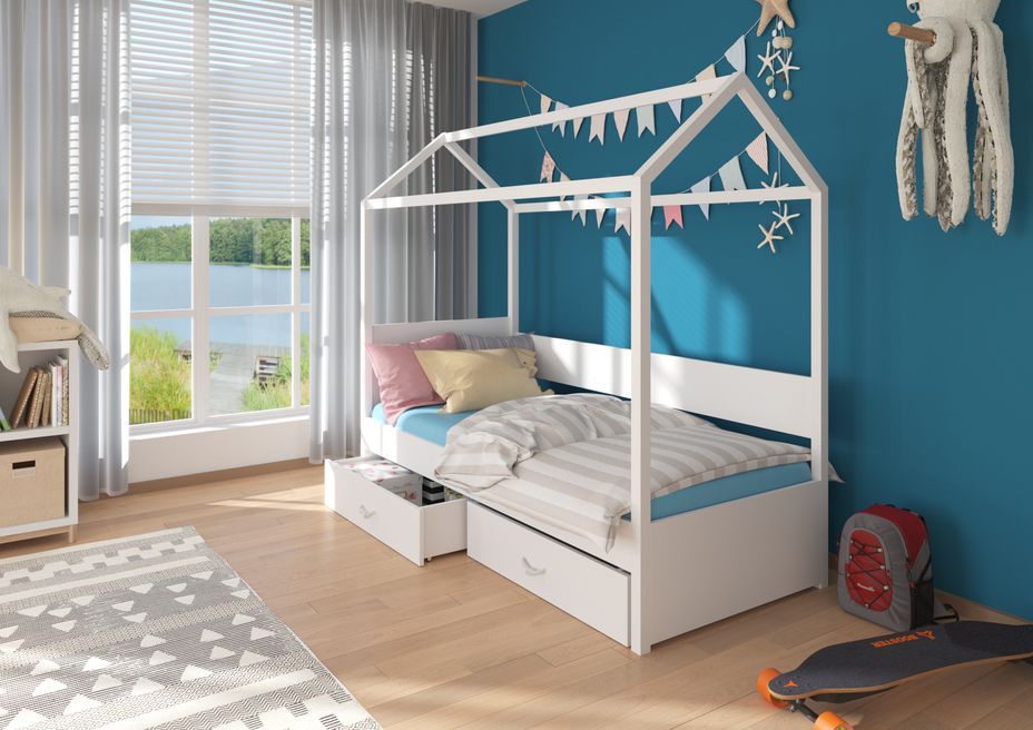 Lit enfant cabane bois pin blanc et bois oak 90x200 cm avec 2 tiroirs de rangement Forka - Photo n°4