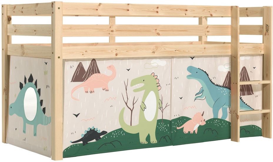 Lit mezzanine 90x200 cm avec tente dinosaure pin massif clair Pino - Photo n°1