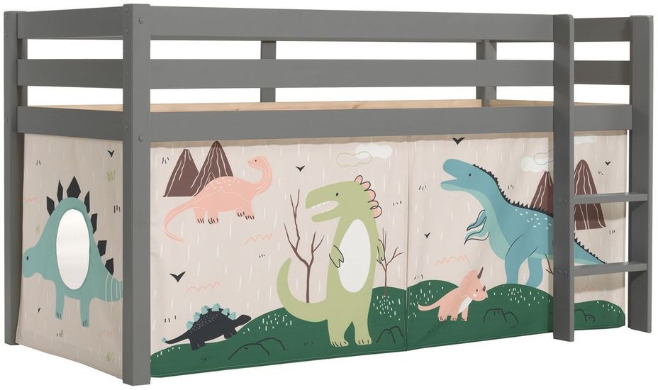 Lit mezzanine 90x200 cm avec tente dinosaure pin massif gris Pino - Photo n°1