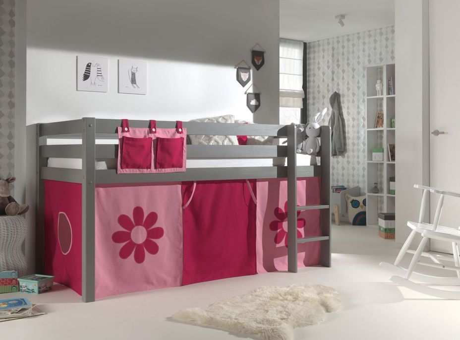 Lit mezzanine 90x200 cm avec tente fleur pin massif gris Pino - Photo n°3