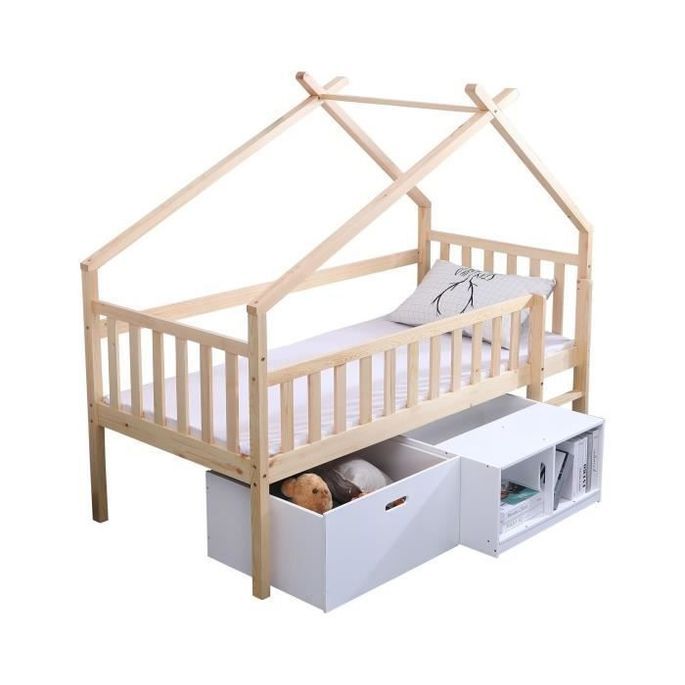 Lit Sureleve Enfant Avec Bacs De Rangements Pin Massif Bicolor Brut Blanc Sommier Inclus 90x190 Cm Elidja Lestendances Fr