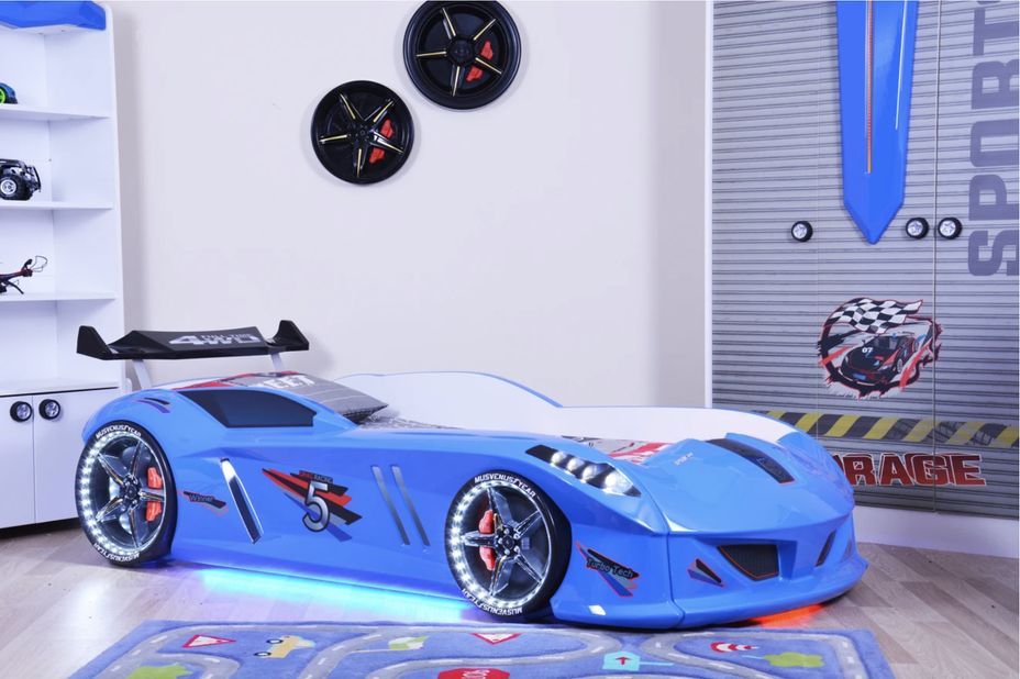 Lit voiture formule 1 bleu à led et bruitage 90x190 cm - Photo n°2