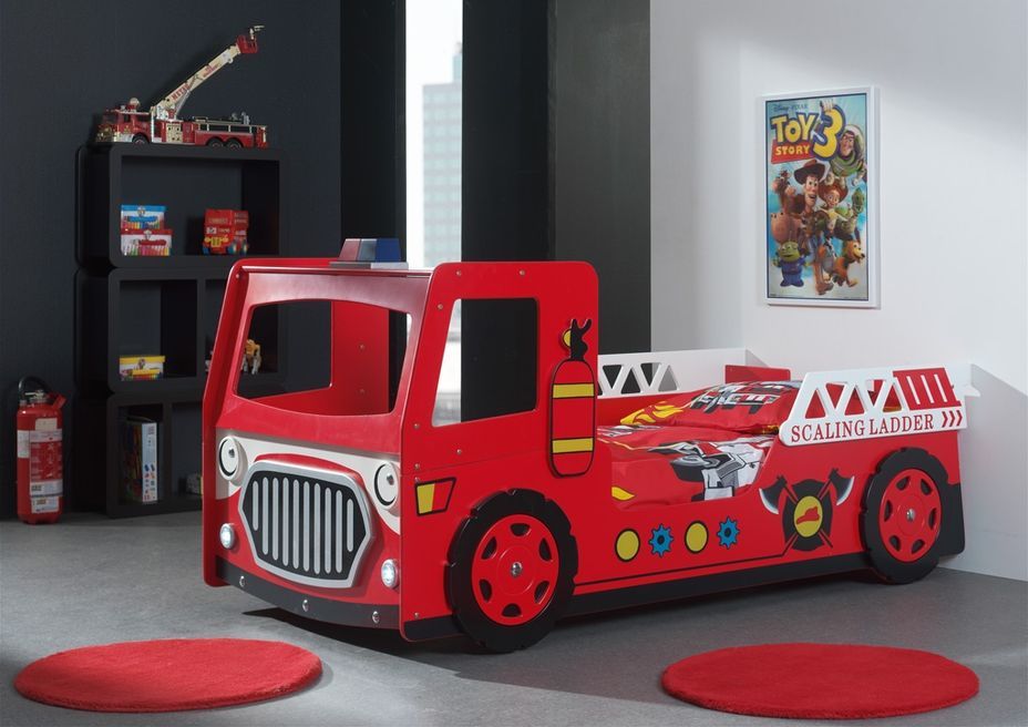 Lit voiture pompier 90x200 cm bois laqué rouge Cara - Photo n°2