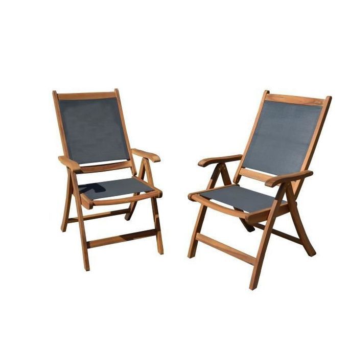 Lot de 2 fauteuils en bois d'acacia FSC et textilene - Gris - Photo n°2