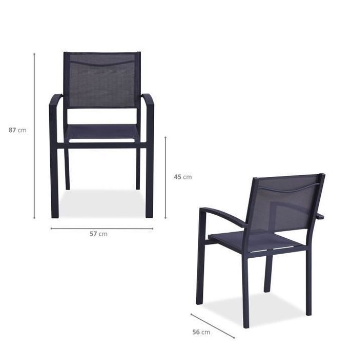 Lot de 4 fauteuils de jardin en aluminium assise textilene - 57 x 56 x 87 cm - Gris - Photo n°4