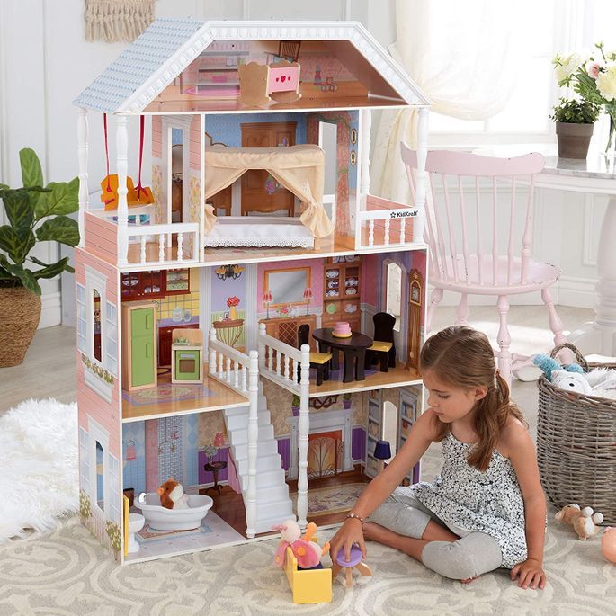 KidKraft 65023 Maison de poupées en bois Savannah incluant accessoires et mobilier 4 étages de jeu pour poupées 30 cm 