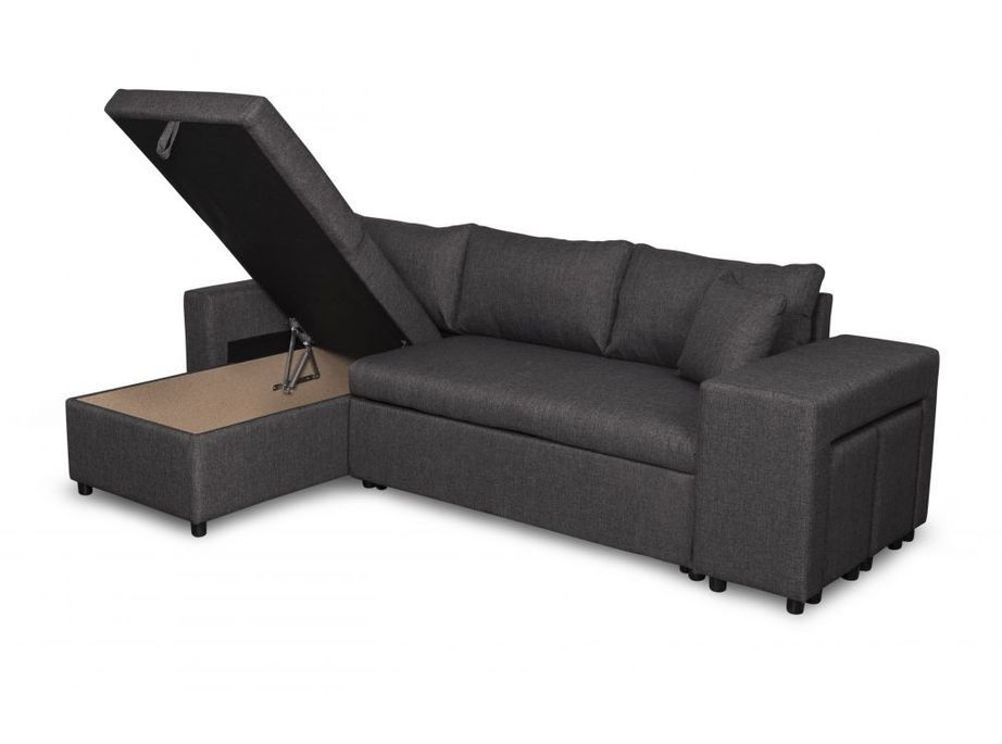 Canapé d'angle reversible et convertible tissu gris foncé avec coffre et poufs Kita 241 cm - Photo n°4