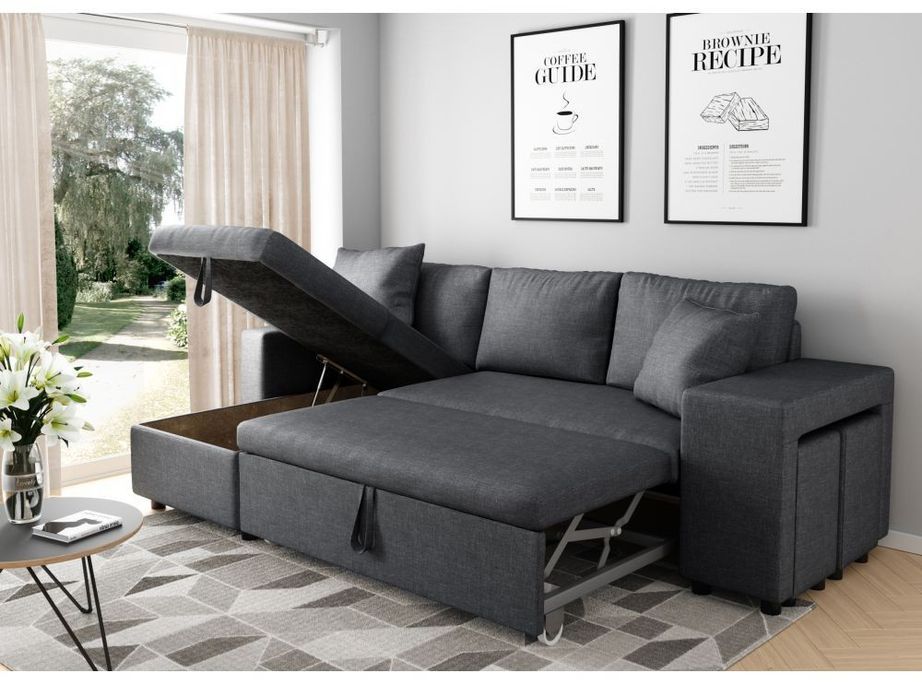 Canapé d'angle reversible et convertible tissu gris foncé avec coffre et poufs Kita 241 cm - Photo n°9