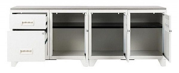 Meuble bas 3 portes 2 tiroirs métal blanc et plateau chêne naturel Naya L 160 cm - Photo n°3