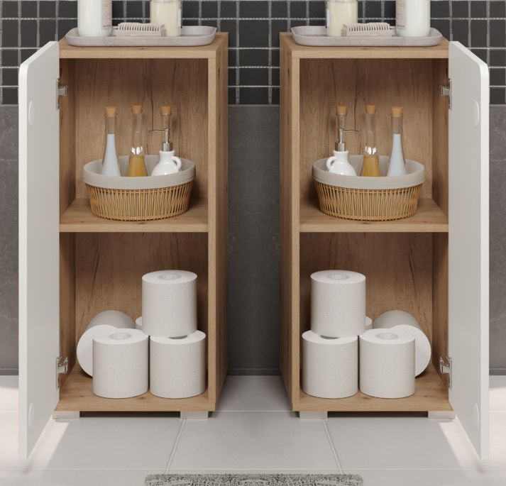 Meuble bas de salle de bain brillant et chêne artisanal Klara 37 cm - Photo n°2