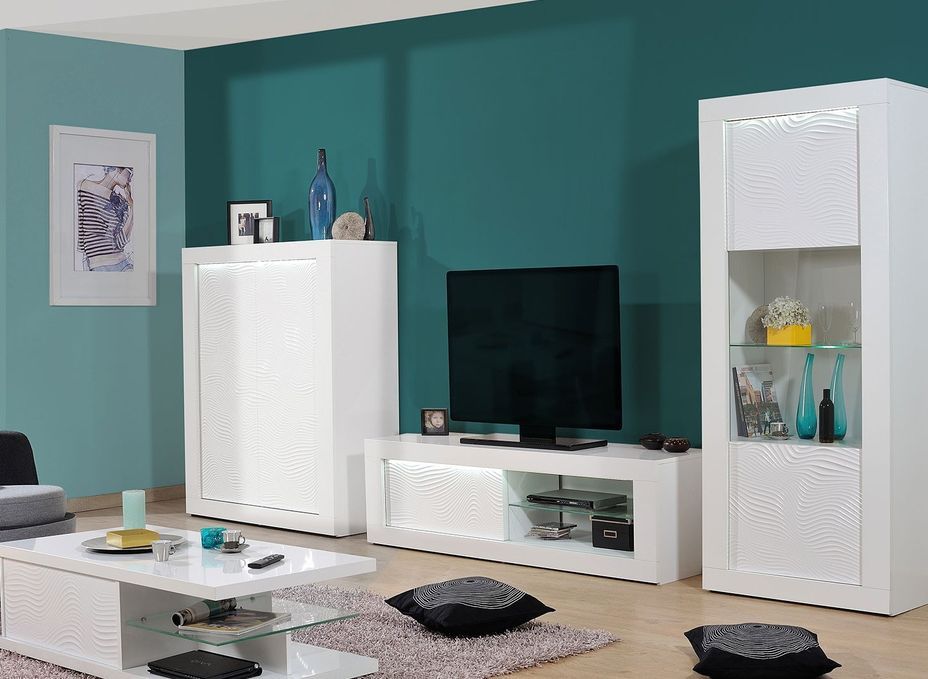 Meuble de rangement éclairage à Led 2 portes bois laqué blanc à reliefs Kala 121 cm - Photo n°5