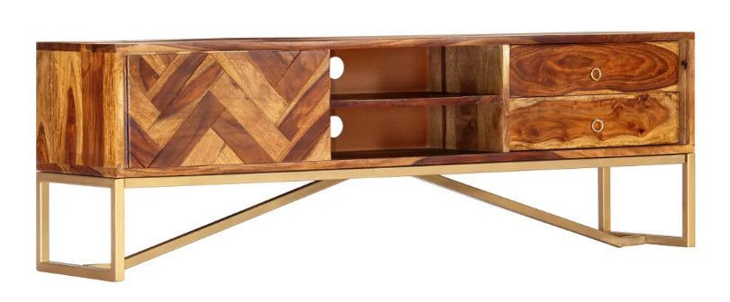 Meuble TV 1 porte 2 tiroirs sesham massif foncé et métal doré Escobar - Photo n°1