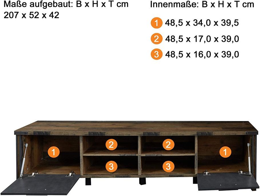 Meuble TV 2 portes 4 niches vintage vieux bois usé et gris avec rivets - Photo n°3