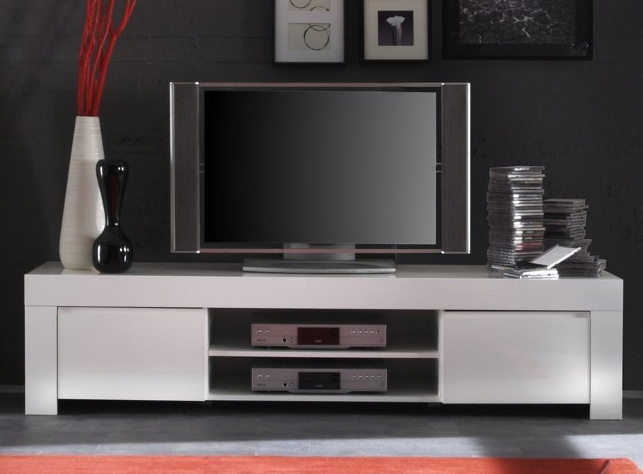 Design Italie - Meuble TV 2 portes bois laqué blanc brillant Ambre L