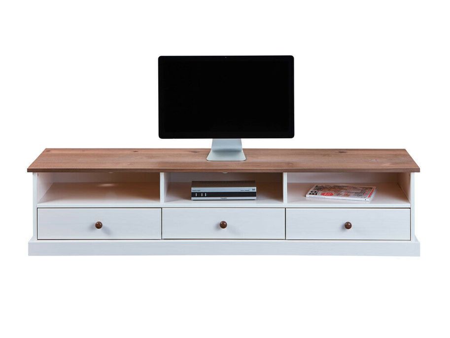 Meuble TV 3 tiroirs pin massif foncé et blanc Campanou 180 cm - Photo n°2