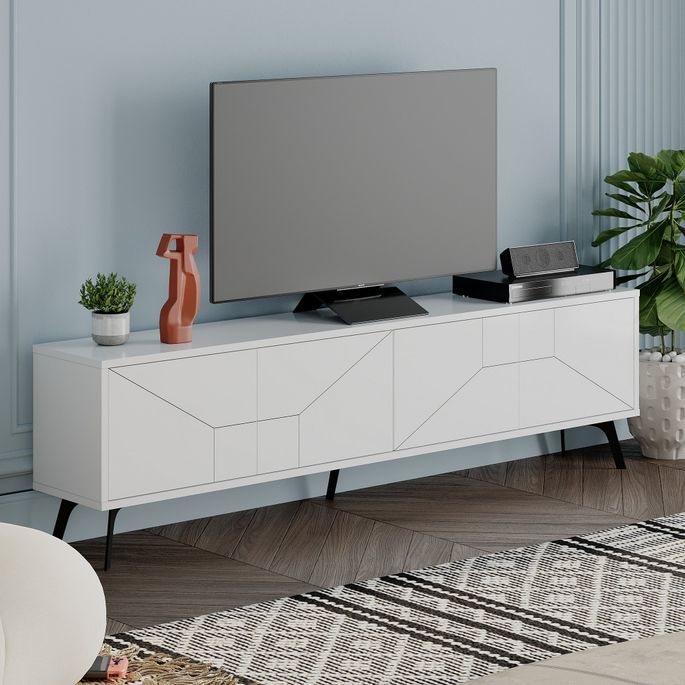 Meuble TV 4 portes bois blanc motif géométrique Kuzako 180 cm - Photo n°5