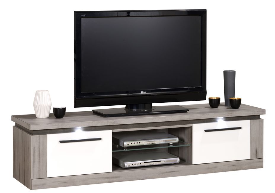 Meuble TV à LED 2 portes chêne gris et laqué blanc Oscaro - Photo n°2