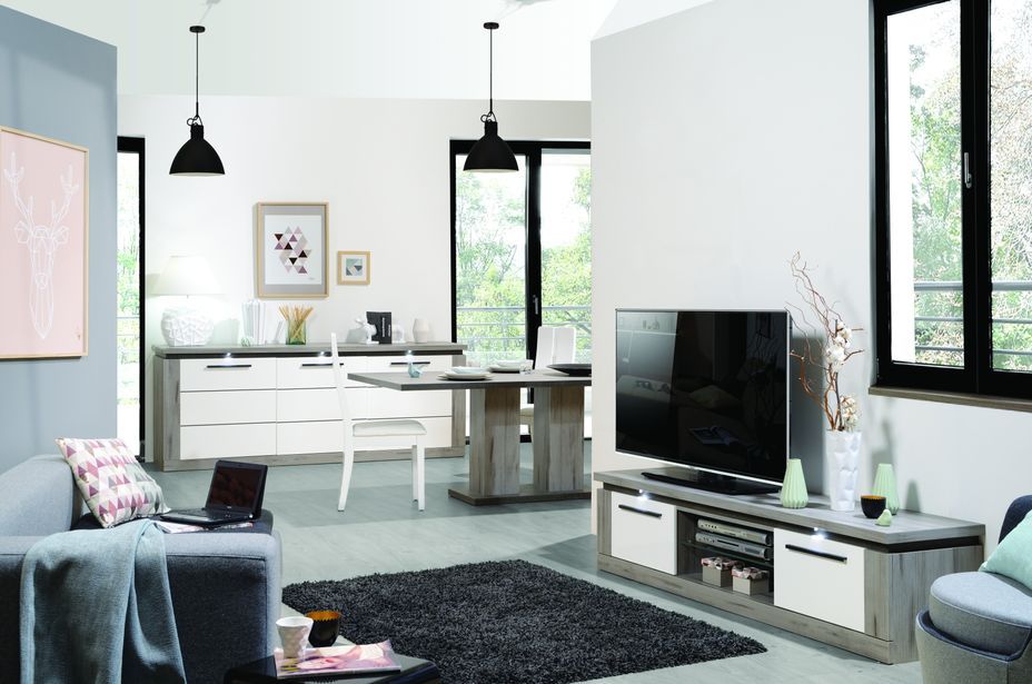 Meuble TV à LED 2 portes chêne gris et laqué blanc Oscaro - Photo n°4