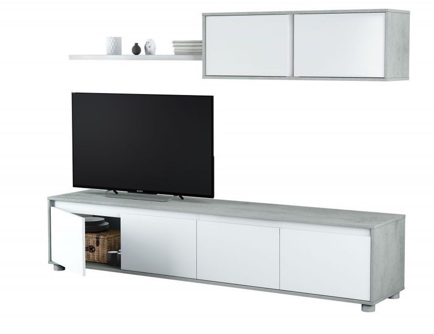 Meuble TV blanc et gris 4 portes avec étagère murale 2 portes Etani L 200cm - Photo n°1