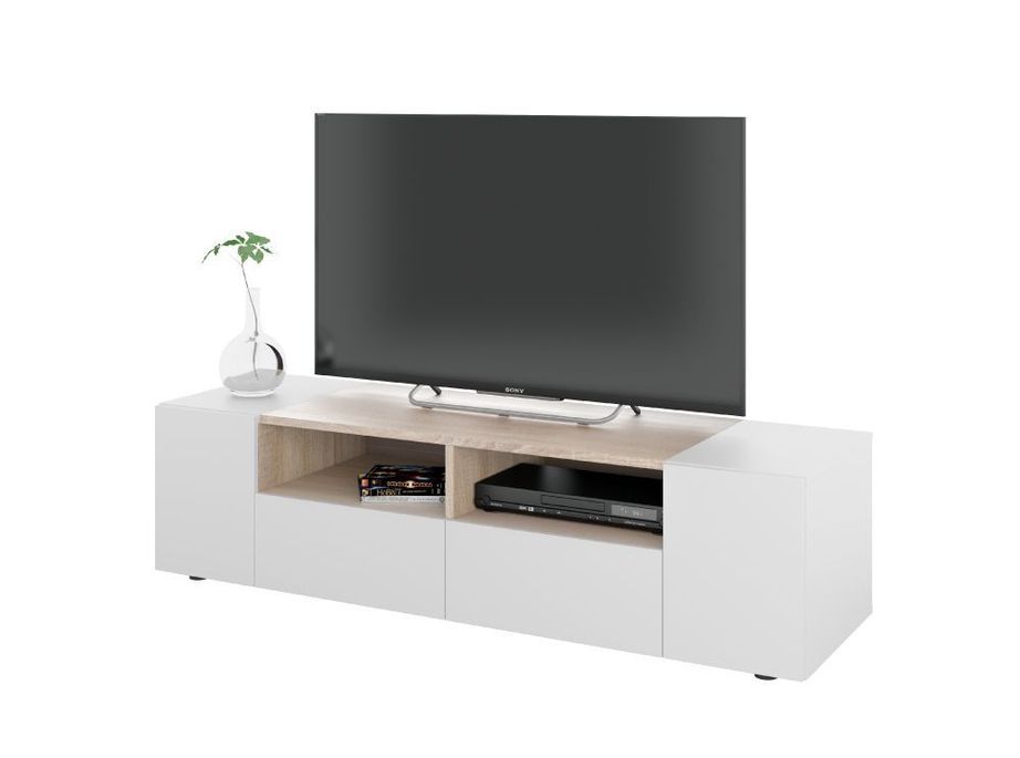 Meuble TV blanc et naturel 4 portes et 2 niches de rangement Teny L 138 cm - Photo n°3