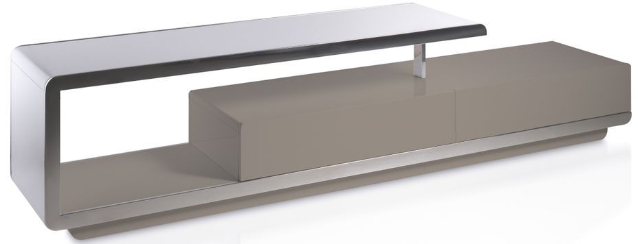 Meuble TV design 2 tiroirs bois laqué taupe et acier chromé Modena - Photo n°1