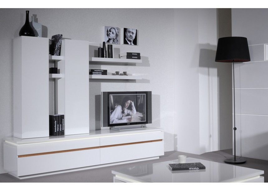 Meuble TV à LED 2 portes bois laqué blanc Kela - Photo n°4