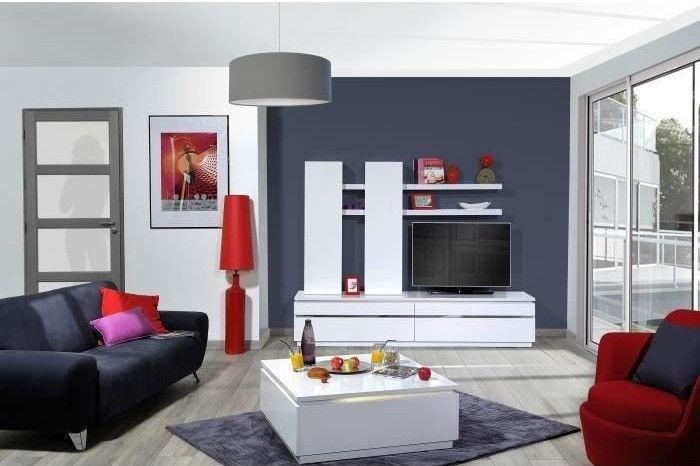 Meuble TV à LED 2 portes bois laqué blanc Kela - Photo n°7