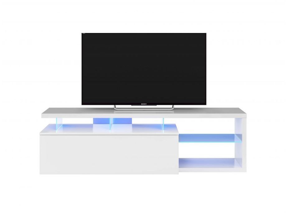 Meuble TV laqué blanc à éclairage LED 1 Porte et 4 niches Ozio L 150 cm - Photo n°3