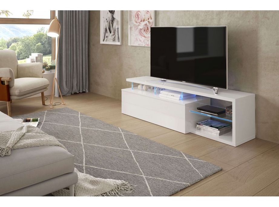 Meuble TV laqué blanc à éclairage LED 1 Porte et 4 niches Ozio L 150 cm - Photo n°4