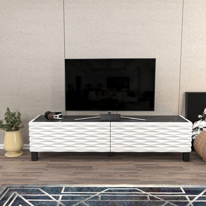 Meuble TV moderne 2 portes bois blanc et noir effet marbre Venuza 149 cm - Photo n°2
