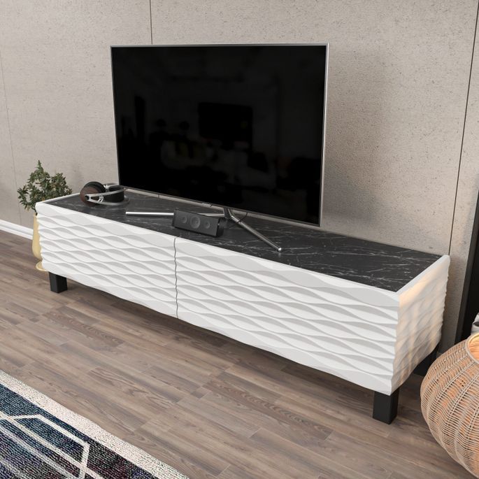 Meuble TV moderne 2 portes bois blanc et noir effet marbre Venuza 149 cm - Photo n°4