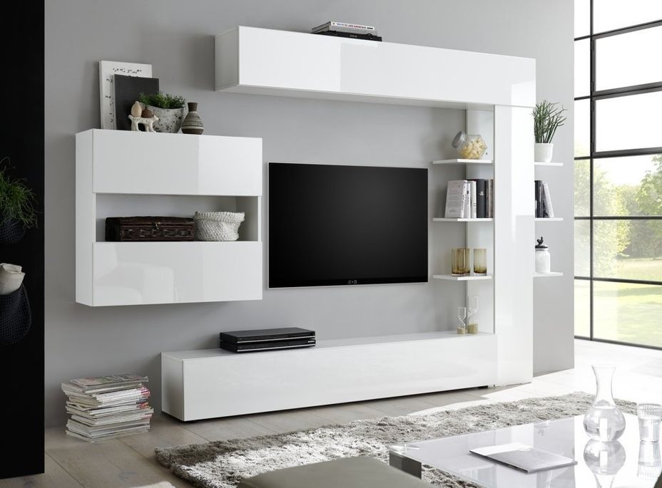 Meuble TV mural bois laqué blanc brillant Raia L 260 cm - Photo n°3