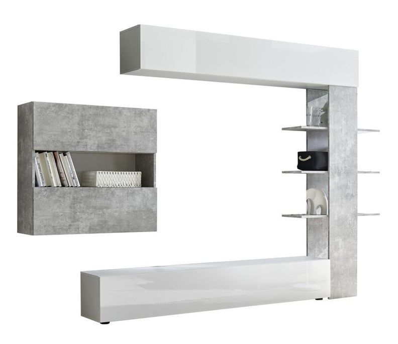 Design Italie Meuble TV mural laqué blanc brillant et effet béton