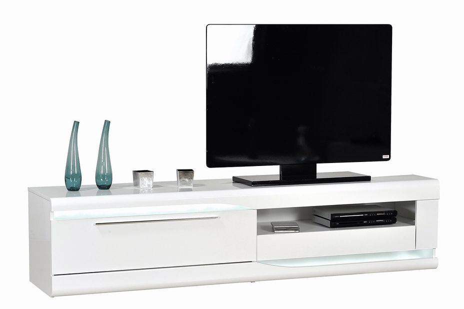 Meuble TV avec éclairage à Led 2 tiroirs bois laqué blanc Minio 200 cm - Photo n°4