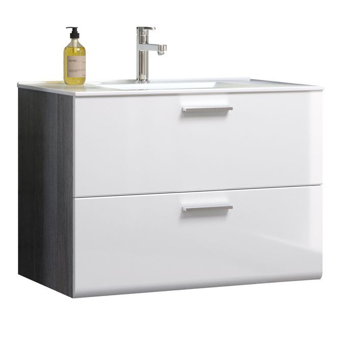 Meubles de salle de bain suspendus blanc brillant et gris foncé Touka 35 cm - Photo n°11