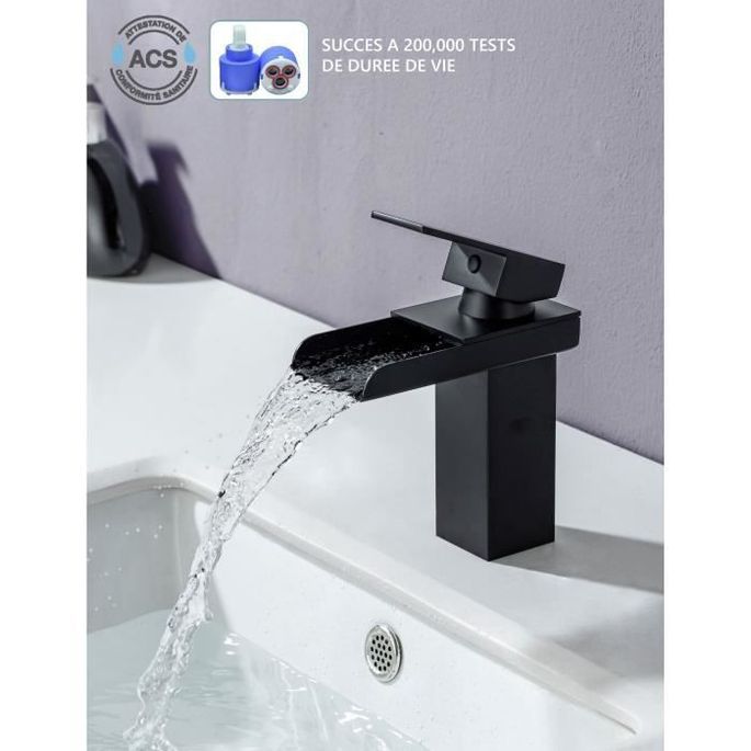 Mitigeur pour vasque et lavabo - Mécanique - Noir mat - OCEANIC - En cascade - En laiton - Photo n°2