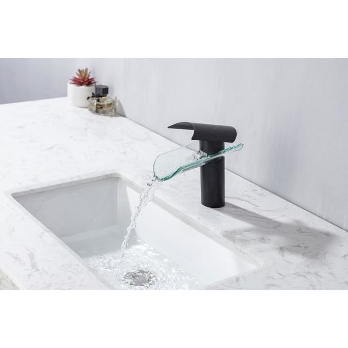 Mitigeur pour vasque et lavabo - Mécanique - OCEANIC - Noir mat - En cascade - En laiton et verre - Photo n°5