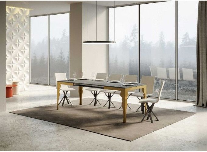 Table extensible 8 à 20 personnes gris béton et pieds métal doré L 180 à 440 cm Torza - Photo n°2