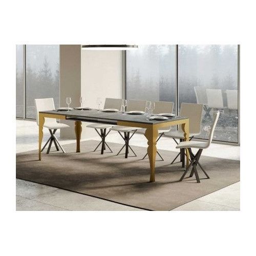 Table extensible 8 à 20 personnes gris béton et pieds métal doré L 180 à 440 cm Torza - Photo n°1