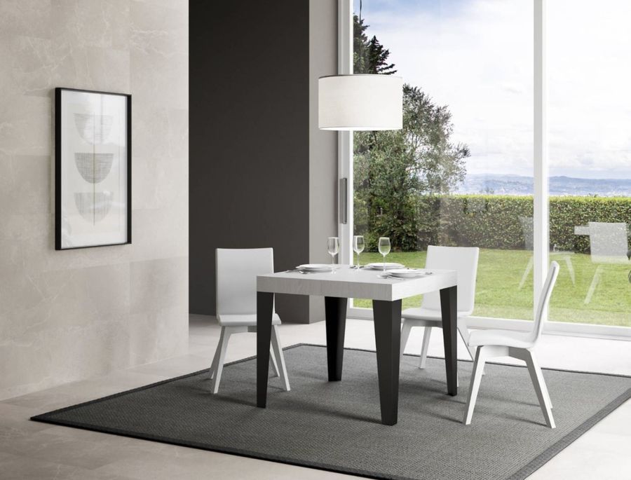 Petite table carrée 90/90 cm extensible 10 personnes 90 à 246 cm bois blanc et pieds métal anthracite Flavio - Photo n°2